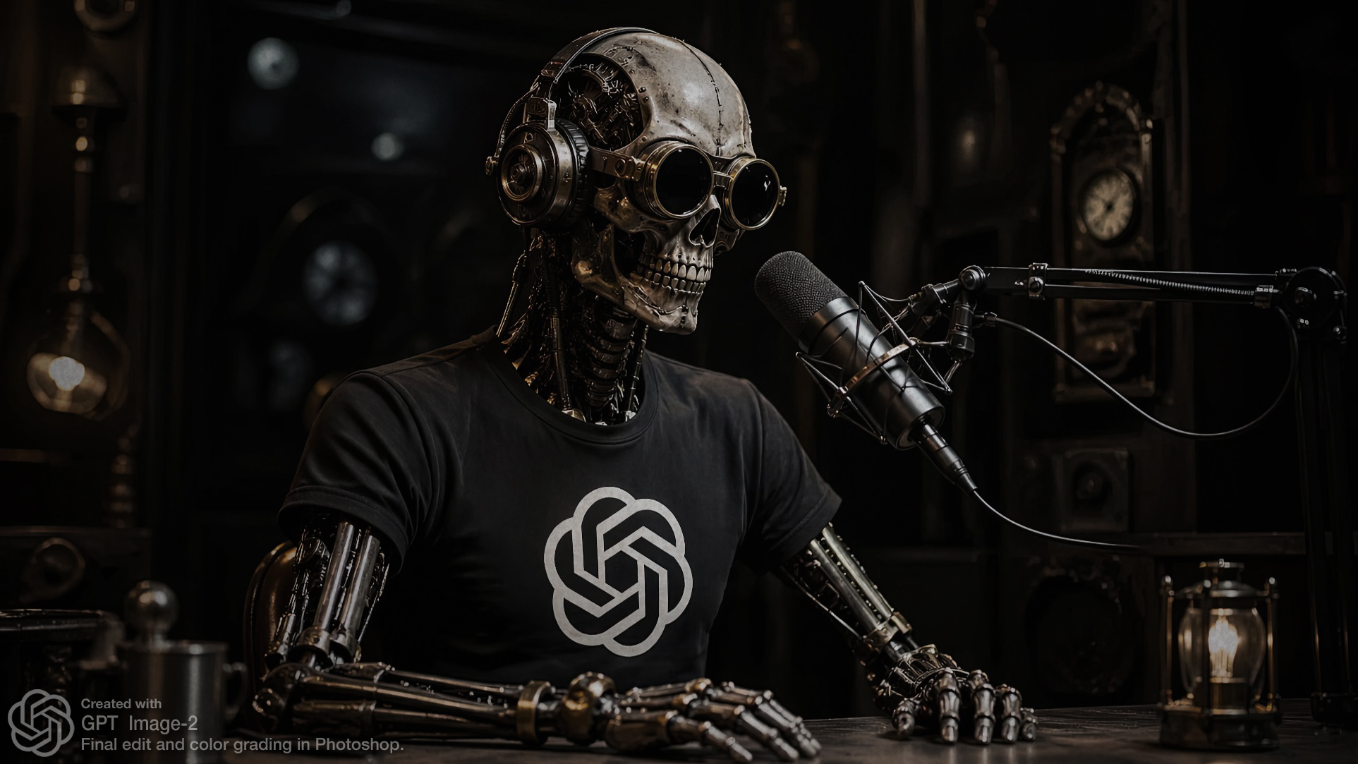 Steampunk robot at a microphone